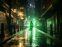 Woman walking confidently through the vibrant neon lit streets AI Generative photo