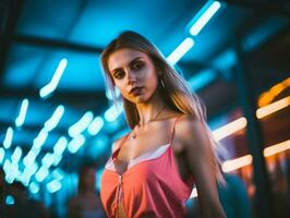 Woman walking confidently through the vibrant neon lit streets AI Generative photo