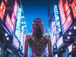 Woman walking confidently through the vibrant neon lit streets AI Generative photo