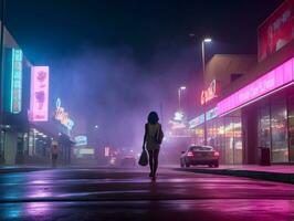 Woman walking confidently through the vibrant neon lit streets AI Generative photo