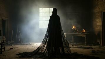oscuro fantasmal hembra figura en pie en un ahumado habitación con un ardiente escritorio - generativo ai. foto