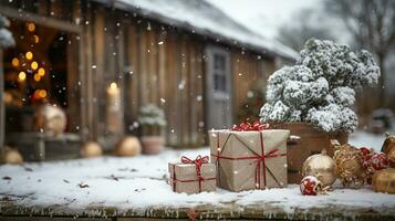 hermosamente envuelto Navidad regalos descansando en un de madera mesa en un invierno Nevado al aire libre escena cerca un Iniciar sesión cabina. ai generativo. foto