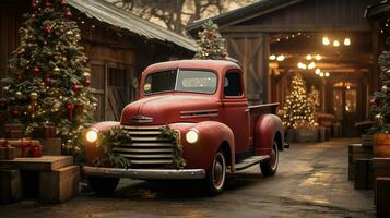 Vintage Pick-up Truck Parked Outside Festively Decorated Barn Shop. Generative AI. photo