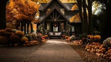 otoño y otoño hermosamente decorado casa porches con calabazas, calabazas y asientos - generativo ai. foto