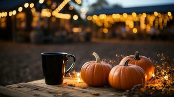 Cup of hot apple cider, hot chocolate or coffee on picnic table at an outdoor fall decorated party. Generative AI. photo