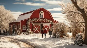 un pocos personas caminando hacia rojo granero, casa o tienda decorado para Navidad en un hermosa invierno Nevado escena. ai generativo. foto