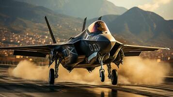 A Lockheed Martin F 35 Fighter Jet takes off of a runway. Generative AI. photo
