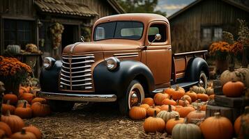 Pumpkins surround a vintage truck in a fall barn country setting - generative AI. photo