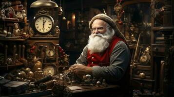 Santa Claus Working in his Workshop. Generative AI. photo