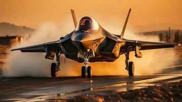 A Lockheed Martin F 35 Fighter Jet takes off of a runway. Generative AI. photo