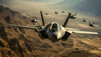 A Lockheed Martin F 35 Fighter Jet Squadron in Formation. Generative AI. photo