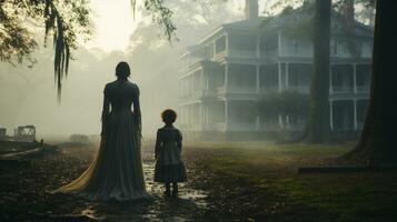 Eerie haunting ghostly silhouetted female and child figures walking in front of a foggy Southern Plantation antebellum mansion on Halloween night - generative AI. photo