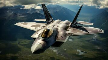 A Lockheed Martin F 35 Fighter Jet flying high in the air. Generative AI. photo