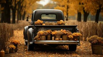 Vintage truck bed filled with fall themed decorations and pillows - generative AI. photo