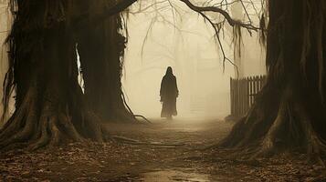 fantasmal hembra figura silueta en pie o caminando en medio de el escalofriante Víspera de Todos los Santos niebla fuera de - generativo ai. foto