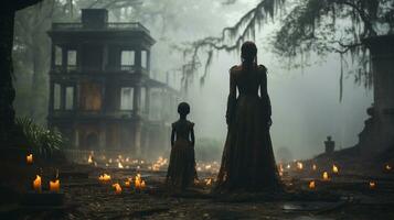 misterioso obsesionante fantasmal silueta hembra y niño cifras caminando en frente de un brumoso del Sur plantación antebellum mansión en Víspera de Todos los Santos noche - generativo ai. foto