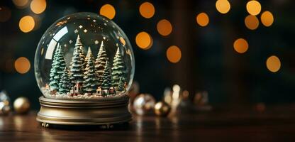 Christmas Snow Globe with Pine Trees and Cabin on a Wood Surface Banner. Generative AI. photo