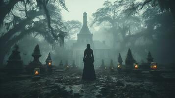 Eerie haunting ghostly female figure walking in front of a foggy Southern Plantation antebellum mansion on Halloween night - generative AI. photo