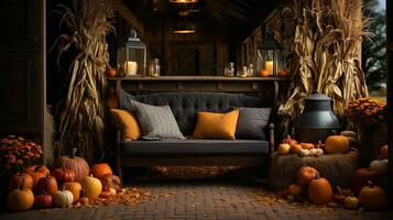 Fall and autumn beautifully decorated house porches with pumpkins, gourds and seating - generative AI. photo