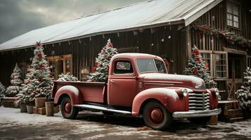 Clásico recoger camión que lleva un Navidad árbol estacionado fuera de festivamente decorado granero tienda. generativo ai. foto