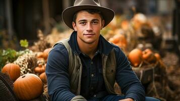 Young adult male farmer wearing cowboy hat standing outdoors near his pumpkin patch harvest - generative AI. photo