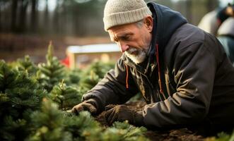 Middle-aged Man Working at the Christmas Tree Farm During the Holiday Season. Generative AI. photo