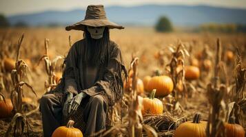 Scary ghostly Halloween scarecrow figure sitting amongst the country pumpkin patch - generative AI. photo