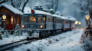 Model Miniature Troller Train Set and Snowy Christmas Decorated Town Setting. Generative AI. photo