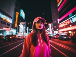 Woman walking confidently through the vibrant neon lit streets AI Generative photo