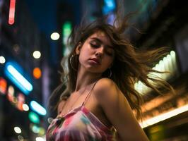 mujer caminando con confianza mediante el vibrante neón iluminado calles ai generativo foto