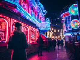 Woman walking confidently through the vibrant neon lit streets AI Generative photo