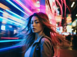 mujer caminando con confianza mediante el vibrante neón iluminado calles ai generativo foto