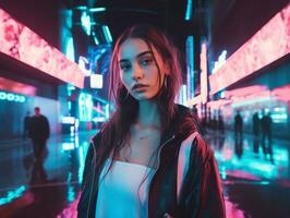 Woman walking confidently through the vibrant neon lit streets AI Generative photo