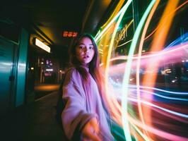 mujer caminando con confianza mediante el vibrante neón iluminado calles ai generativo foto