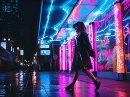 Woman walking confidently through the vibrant neon lit streets AI Generative photo