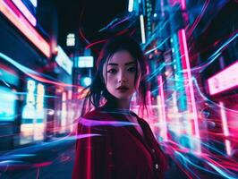 Woman walking confidently through the vibrant neon lit streets AI Generative photo