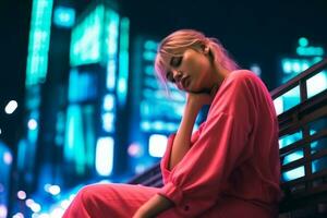 Woman walking confidently through the vibrant neon lit streets AI Generative photo