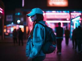 Woman walking confidently through the vibrant neon lit streets AI Generative photo