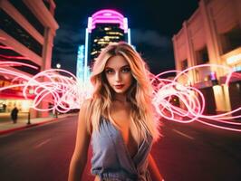 Woman walking confidently through the vibrant neon lit streets AI Generative photo