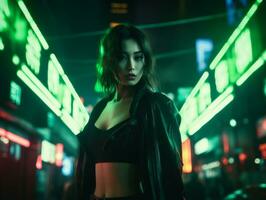 Woman walking confidently through the vibrant neon lit streets AI Generative photo