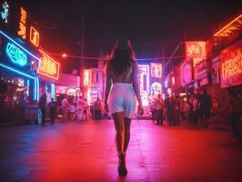 mujer caminando con confianza mediante el vibrante neón iluminado calles ai generativo foto