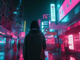 Woman walking confidently through the vibrant neon lit streets AI Generative photo