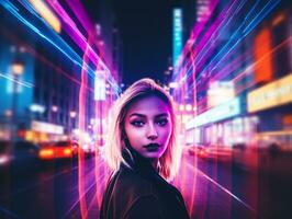 mujer caminando con confianza mediante el vibrante neón iluminado calles ai generativo foto