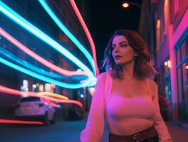 Woman walking confidently through the vibrant neon lit streets AI Generative photo