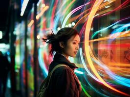 Woman walking confidently through the vibrant neon lit streets AI Generative photo