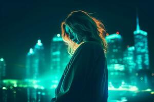 mujer caminando con confianza mediante el vibrante neón iluminado calles ai generativo foto