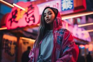 Woman walking confidently through the vibrant neon lit streets AI Generative photo