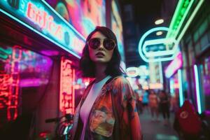 Woman walking confidently through the vibrant neon lit streets AI Generative photo