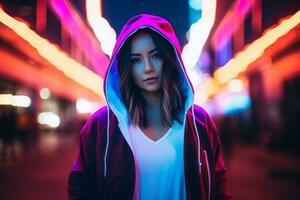 Woman walking confidently through the vibrant neon lit streets AI Generative photo