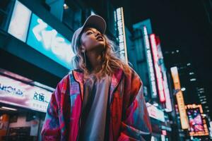 Woman walking confidently through the vibrant neon lit streets AI Generative photo